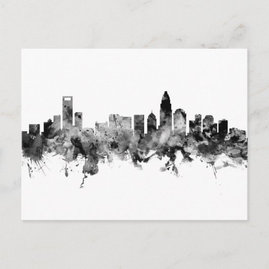 Charlotte North Carolina Skyline Black White ポストカード (正面)