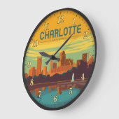Charlotte North Carolina Skyline Uptown ラージ壁時計 (傾斜)