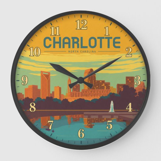 Charlotte North Carolina Skyline Uptown ラージ壁時計 (正面)