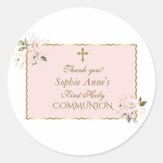 Charm Blush Pink Floral Gold First Holy Communion ラウンドシール