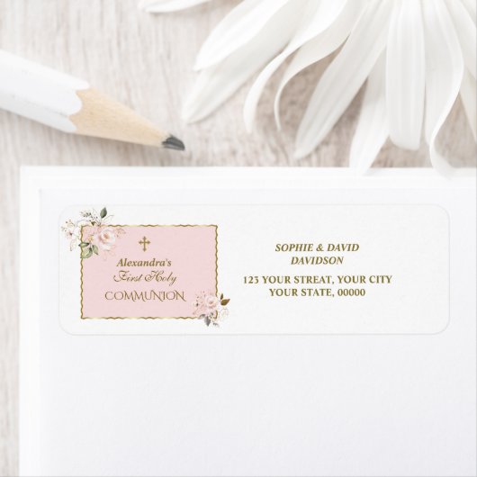Charm Blush Pink Gold Floral Holy Communion ラベル (インサイチュ)