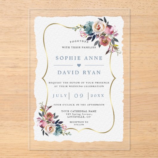 Charm Dusty Blue Misty Rose Flowers Wedding  アクリル招待状 (正面)