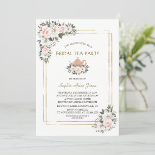Charm White Blush Flowers Gold Bridal Tea Party  I 招待状