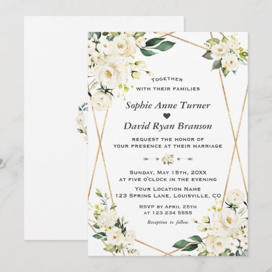 Charm White Flowers Gold Monogram Wedding 招待状 (正面/裏面)