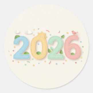 Charming 2026 numbers in pastel paper cutout style ラウンドシール