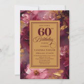 Charming 60th Birthday Burgundy Roses Gold Invite 招待状 (正面)