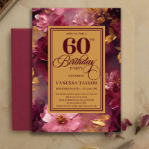 Charming 60th Birthday Burgundy Roses Gold Invite