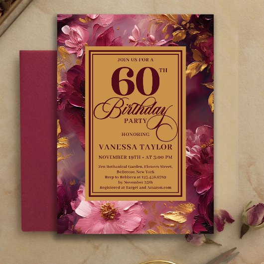 Charming 60th Birthday Burgundy Roses Gold Invite 招待状