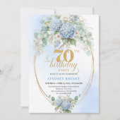 Charming 70th Birthday Blue Hydrangea Eucalyptus  招待状 (正面)