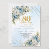 Charming 80th Birthday Invite Dusty Blue Flowers  招待状 (正面)