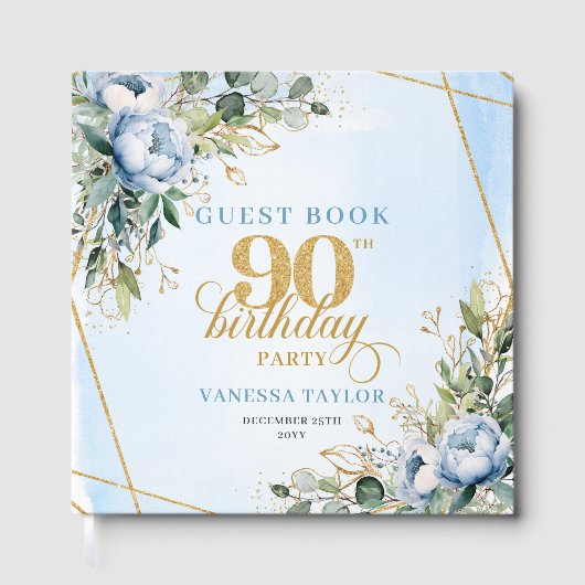 Charming 90th Birthday Dusty Blue Floral Memory   ゲストブック (正面)