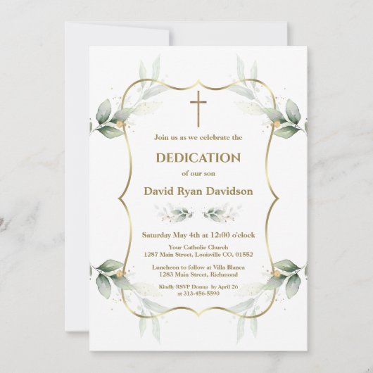 Charming Airy Greenery Gold Cross Dedication 招待状 (正面)