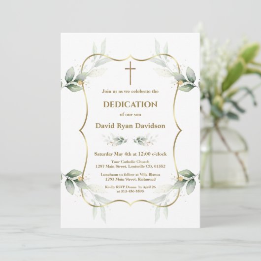 Charming Airy Greenery Gold Cross Dedication  招待状 (スタンド正面)