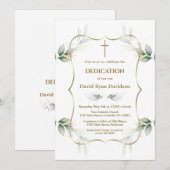 Charming Airy Greenery Gold Cross Dedication 招待状 (正面/裏面)