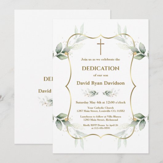 Charming Airy Greenery Gold Cross Dedication  招待状 (正面/裏面)