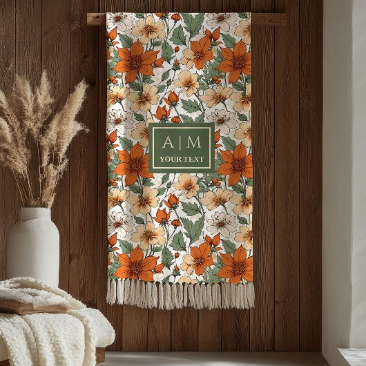 Charming Autumn Flowers Rusty Sage Green Blanket フリースブランケット