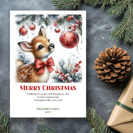 Charming Baby Fawn Christmas Scene Watercolor Card シーズンカード