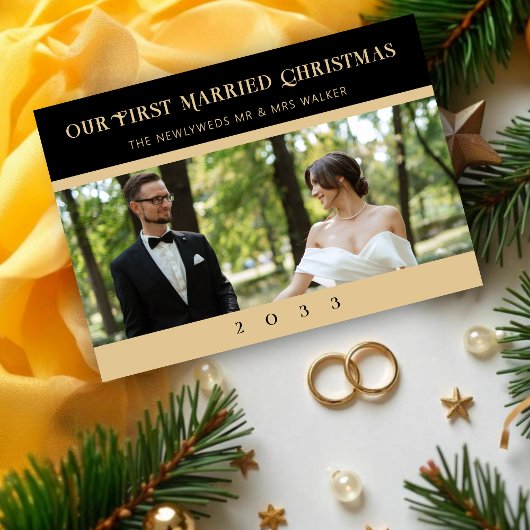 Charming Black & Gold Minimalist Newlyweds Photo シーズンカード