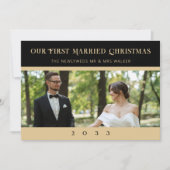 Charming Black & Gold Minimalist Newlyweds Photo シーズンカード (正面)