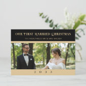 Charming Black & Gold Minimalist Newlyweds Photo シーズンカード (スタンド正面)