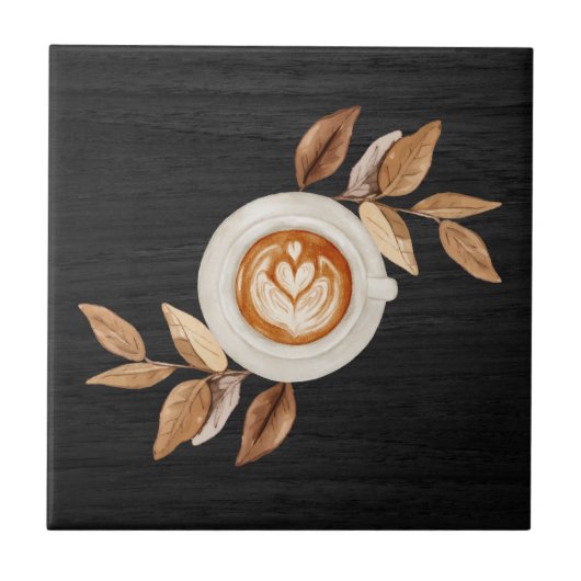 Charming Black Illustrative Heart Latte Coffee  タイル (正面)