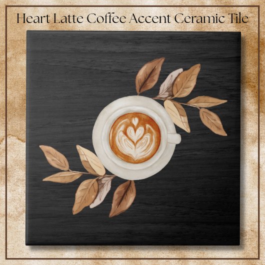 Charming Black Illustrative Heart Latte Coffee  タイル