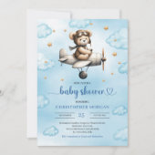 Charming Blue Brown Teddy Bear Pilot Baby Shower 招待状 (正面)