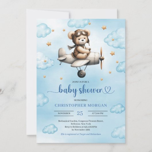 Charming Blue Brown Teddy Bear Pilot Baby Shower 招待状 (正面)