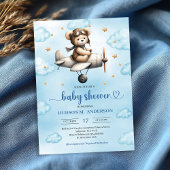 Charming Blue Brown Teddy Bear Pilot Baby Shower 招待状