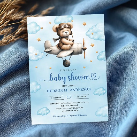 Charming Blue Brown Teddy Bear Pilot Baby Shower 招待状
