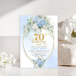 Charming Blue Hydrangeas Gold 70th Birthday Invite 招待状