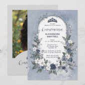 Charming Blue Oval Frame Quinceañera Photo 招待状 (正面/裏面)