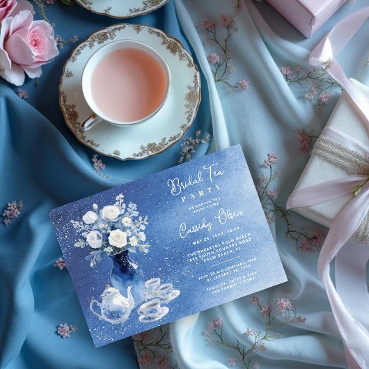 Charming Blue Tones Glitter Wedding Bridal Tea Set 招待状