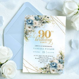Charming Boho Blue Floral Eucalyptus 90th Birthday 招待状