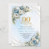 Charming Boho Blue Floral Eucalyptus 90th Birthday 招待状 (正面)
