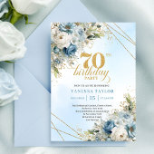 Charming boho blue florals gold frame 70th birthda 招待状