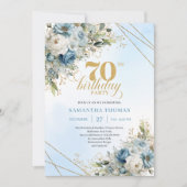 Charming boho blue florals gold frame 70th birthda 招待状 (正面)