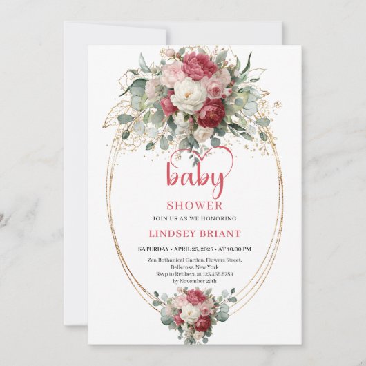 Charming Boho Crimson Red Blush Gold Greenery Baby 招待状 (正面)