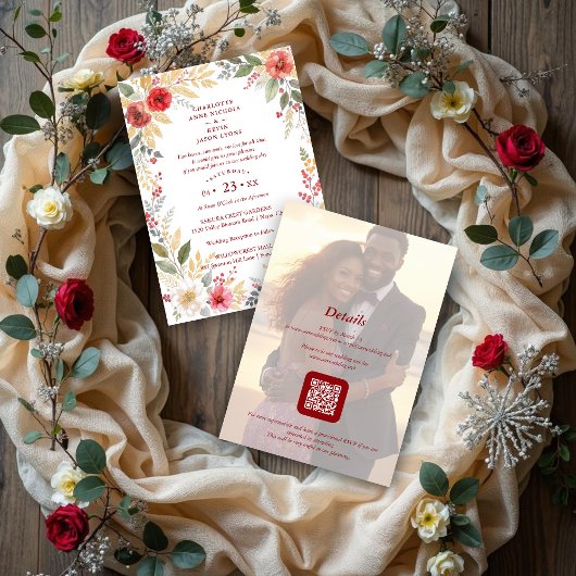 Charming Botanical Winter Frame Back Photo Wedding 招待状