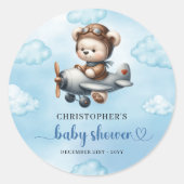 Charming Boy Baby Shower Sticker Teddy Bear Pilot  ラウンドシール (正面)