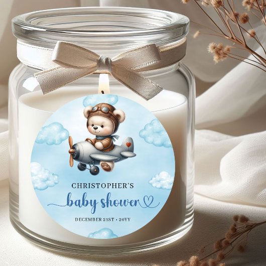 Charming Boy Baby Shower Sticker Teddy Bear Pilot  ラウンドシール
