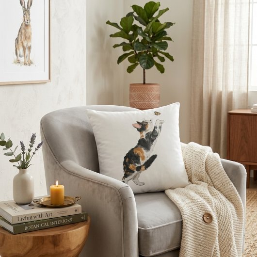 Charming Calico Cat & Butterfly Watercolor Throw  クッション