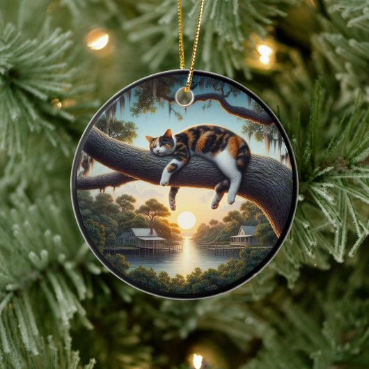 Charming Calico Cat Rustic Scene  セラミックオーナメント