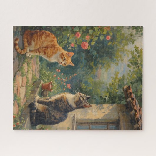 Charming Cat Garden Scene ジグソーパズル (横)