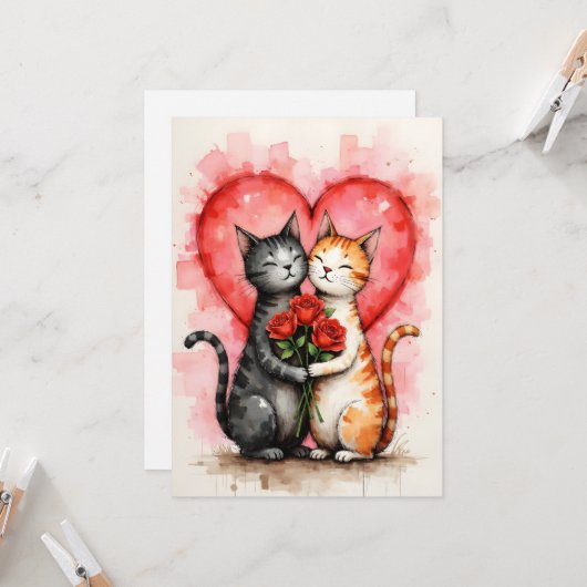 Charming Cats Valentine Hearts and Red Roses カード (正面/裏面インサイチュ)