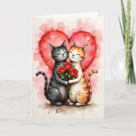 Charming Cats Valentine Hearts and Red Roses カード