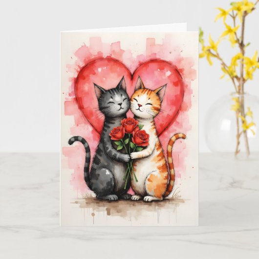 Charming Cats Valentine Hearts and Red Roses カード (黄色い花)