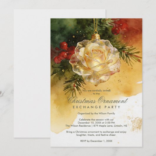 Charming Christmas Ornament Shaped Like a Rose 招待状 (正面/裏面)