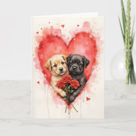 Charming Dogs Valentine Hearts and Red Roses カード