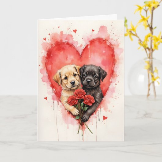Charming Dogs Valentine Hearts and Red Roses カード (黄色い花)